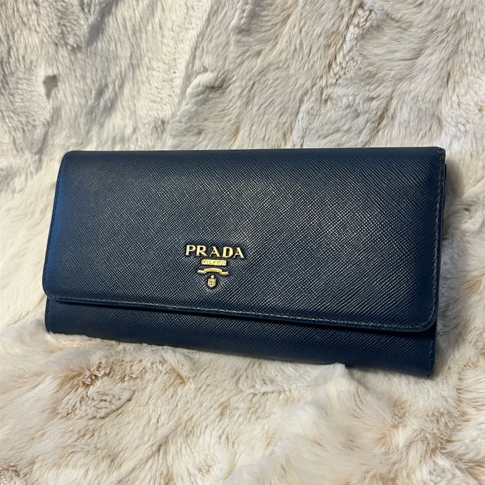 Prada Blue Saffiano Leather Flap Continental Wallet